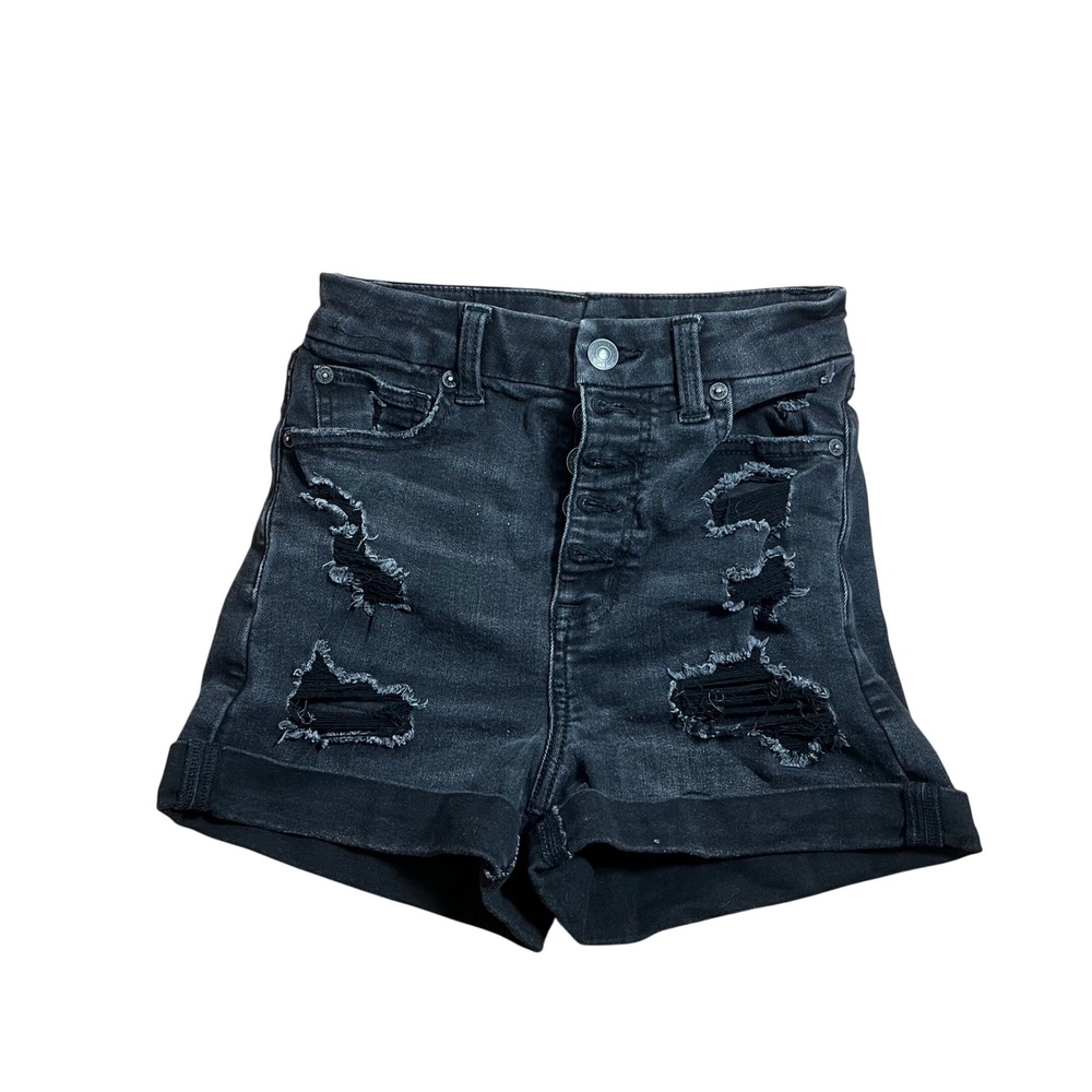 American Eagle Curvy Super Hi-Rise Shortie Black Distressed Denim Shorts Size 2 - Picture 2 of 6